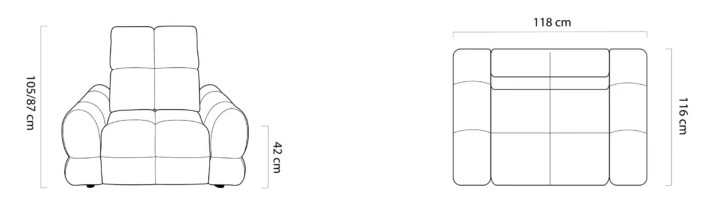 Rozmerový nákres kresla Belluga Armchair – šírka 118 cm, hĺbka 116 cm, výška 87/105 cm, výška sedu 42 cm